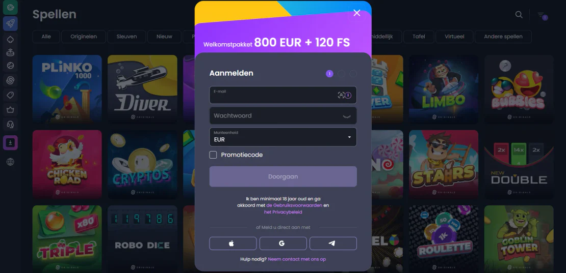 Registratieformulier van Betspino met e-mailveld, wachtwoord, euro als munteenheid en optie om een promocode in te voeren