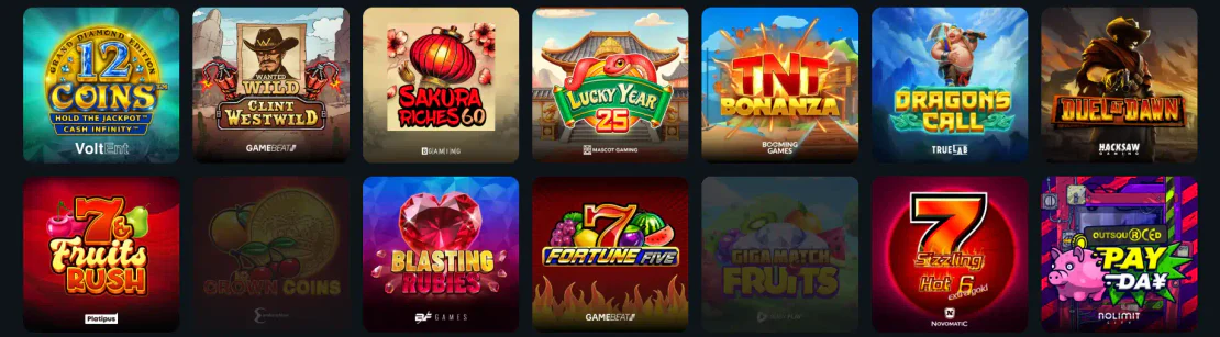 Slotcatalogus van Betspino met spellen zoals 12 Coins, Clint Westwild, Sakura Riches 60, Lucky Year 25 en TNT Bonanza van verschillende providers